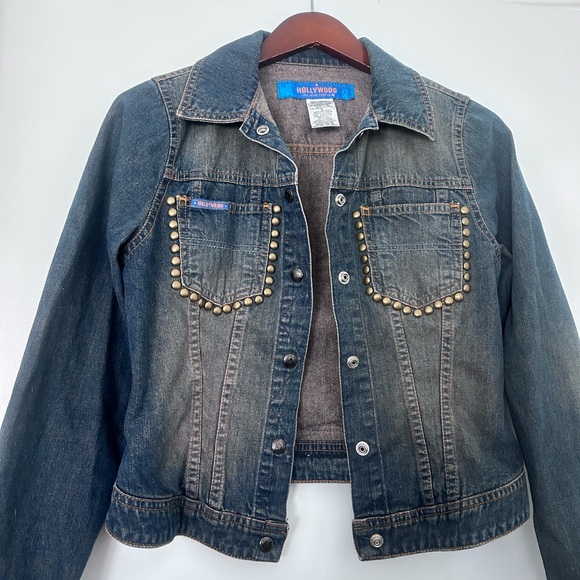 vintage faded gold studded denim jacket hollywood jean co - Picture 5 of 12